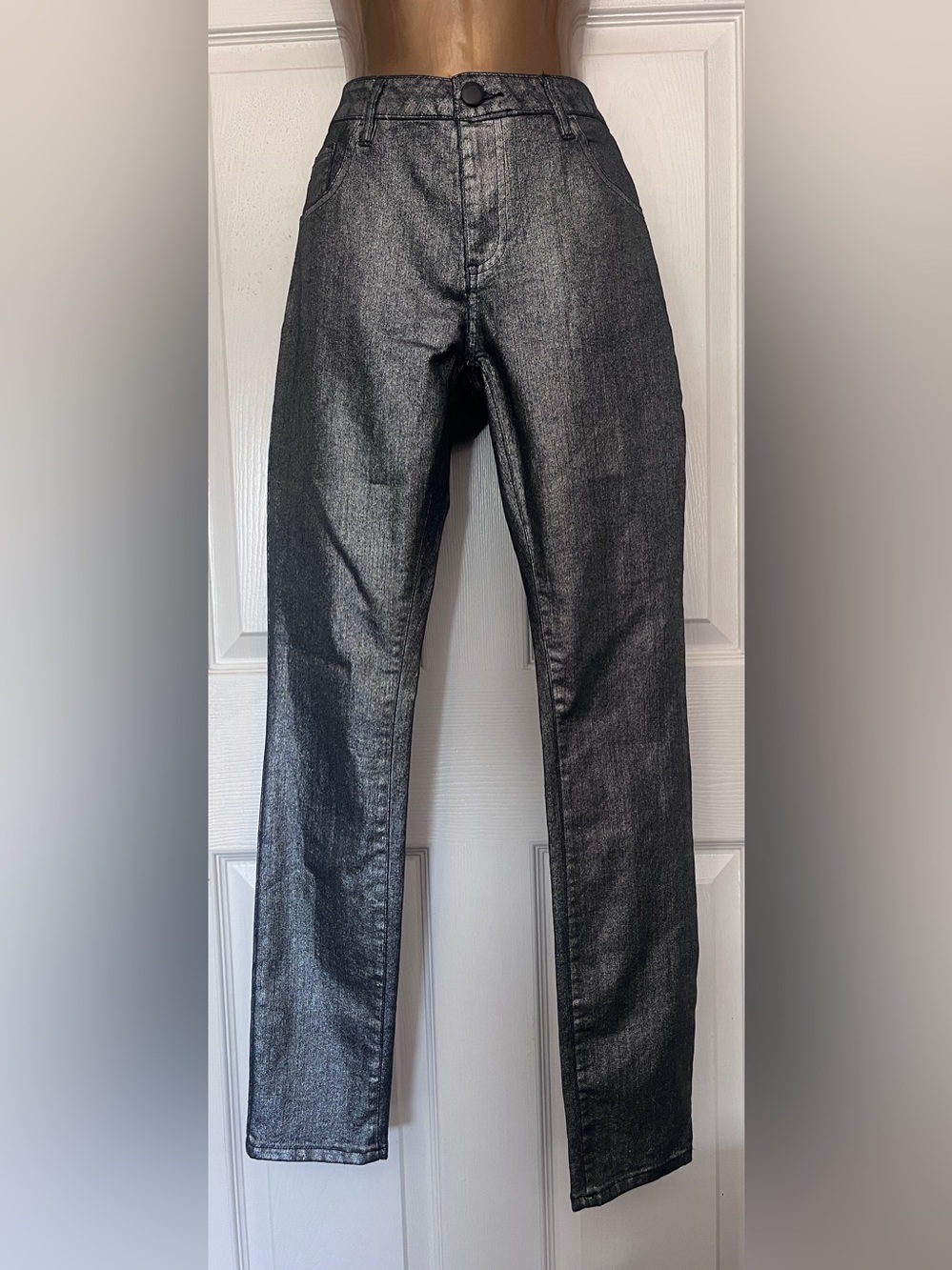 Bongo Silver Metallic Skinny Jeans | Gunmetal Shimmer Denim Y2K Chic - size [7]